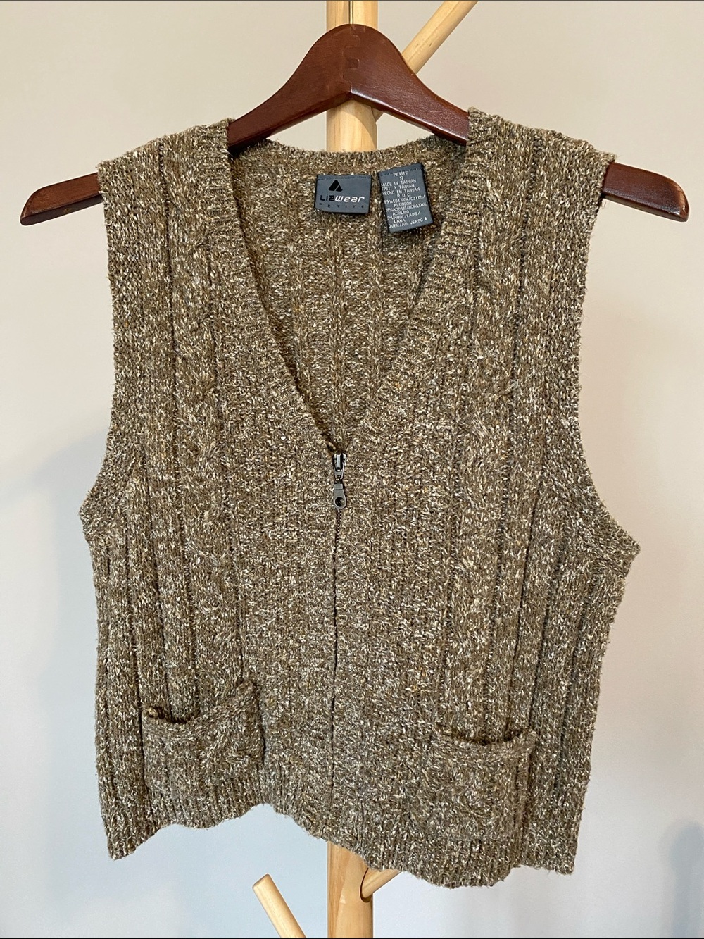 Liz Wear Petite Olive Brown Marled Knit V-Neck Zip Sweater Vest